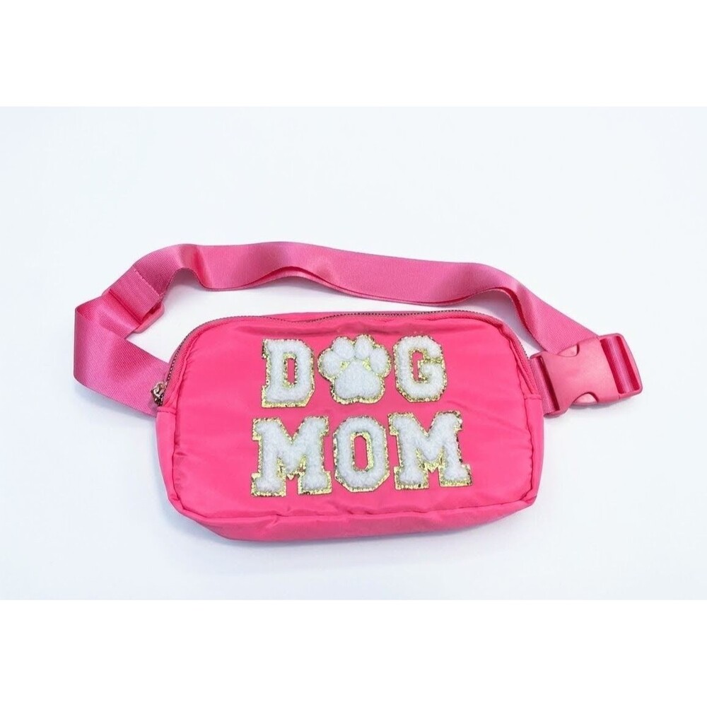 "Dog Mom" Zipper Adjustable Waist Bag, Hot Pink